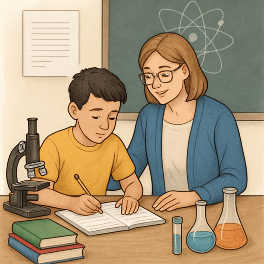 A student with dyslexia working on a science project with the help of a tutor, symbolizing personalized support in education. Student with dyslexia receiving personalized support in the education system, pursuing medical dreams.