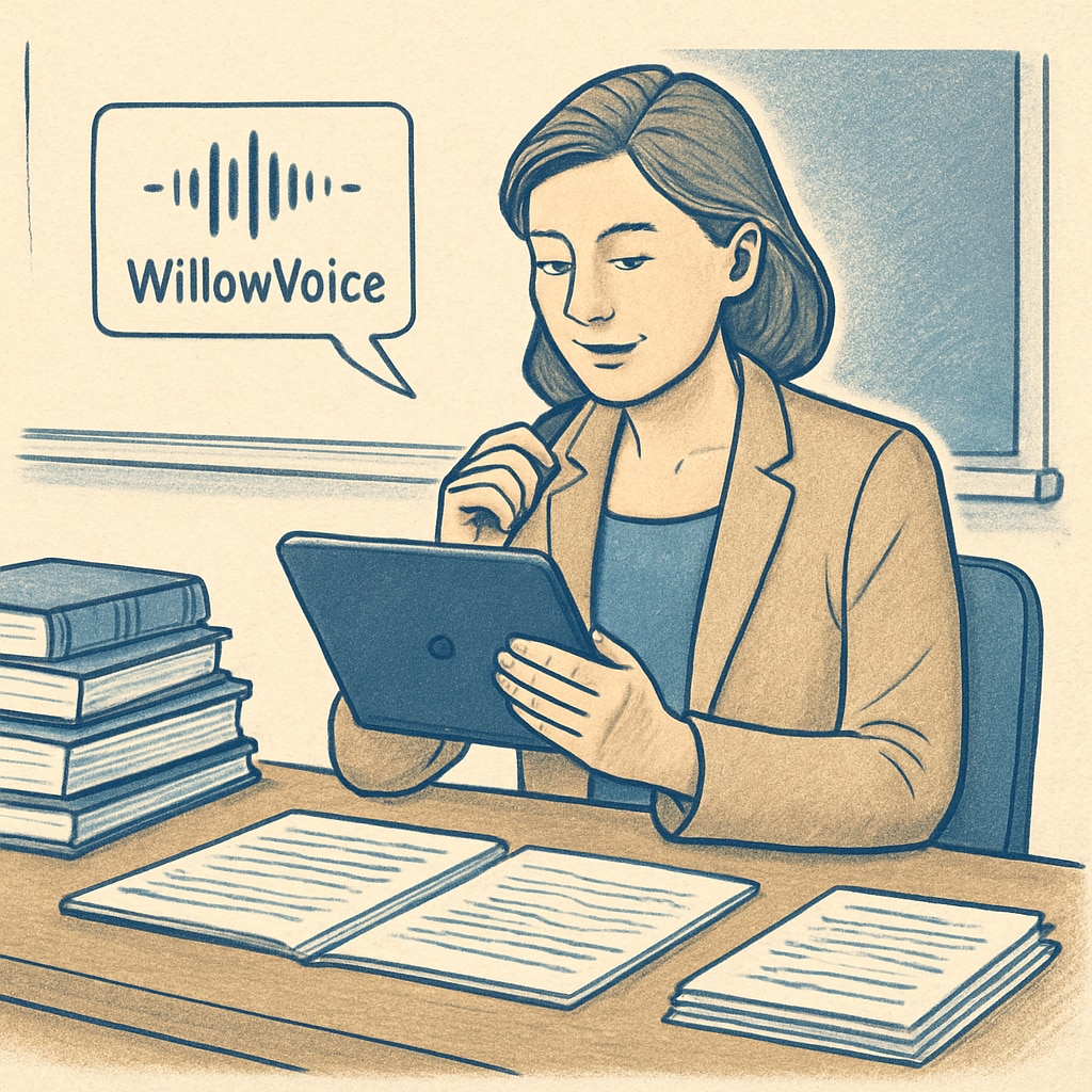 A teacher recording feedback for students using WillowVoice on a tablet; this highlights the ability to provide personalized feedback efficiently. WillowVoice software enables teachers to provide rapid and personalized feedback, transforming K12 education workflows.