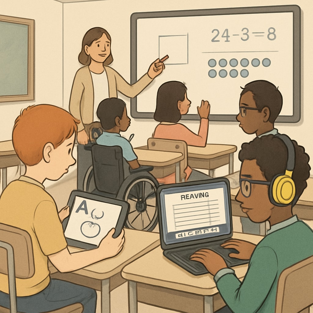 A classroom using assistive technology tools, showing how personalized learning can help students with learning difficulties. Classroom leveraging assistive technology to support students with learning difficulties in their education journey.