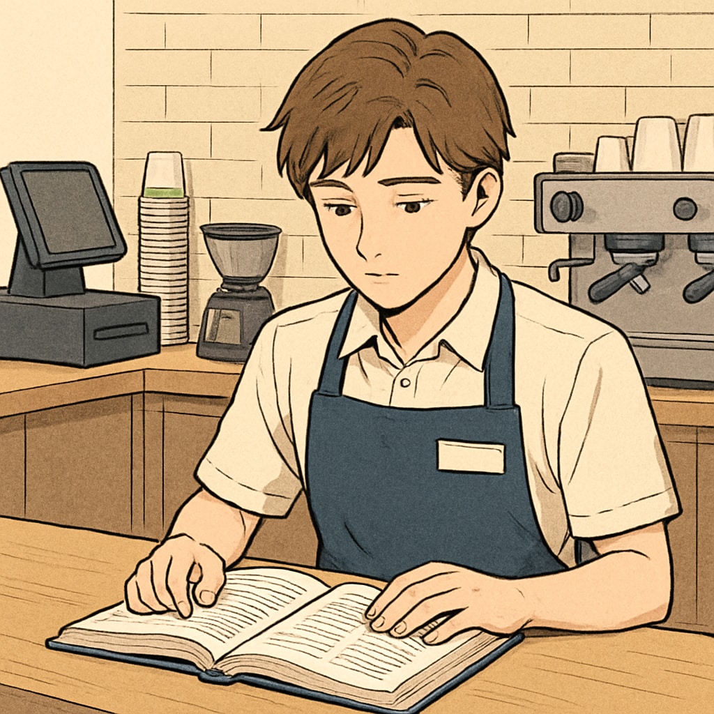 A photo of a high school student working at a part-time job, such as a cashier or barista, while looking at a textbook during a break. High school student balancing part-time job and academics by studying during a work break.