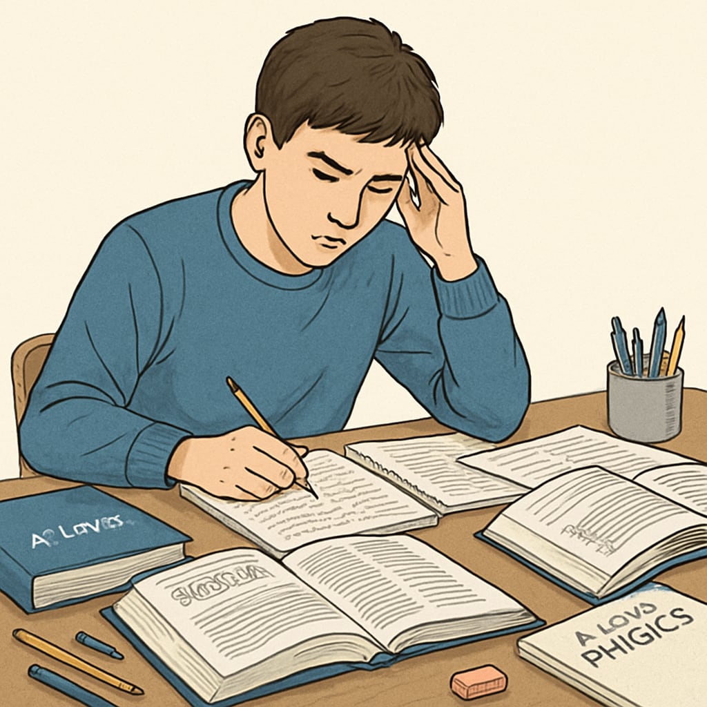A student studying at a desk with textbooks and notes, symbolizing preparation for A-Level exam retakes. Student preparing for A-Level exam retakes