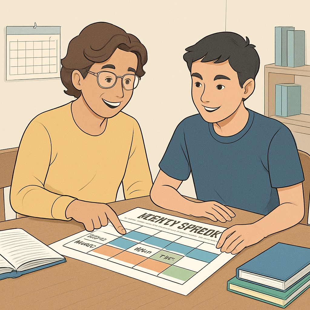 A supportive parent helping their teenager review a weekly schedule that includes school, work, and leisure time. Parent guiding their high school student to balance academics and part-time work.
