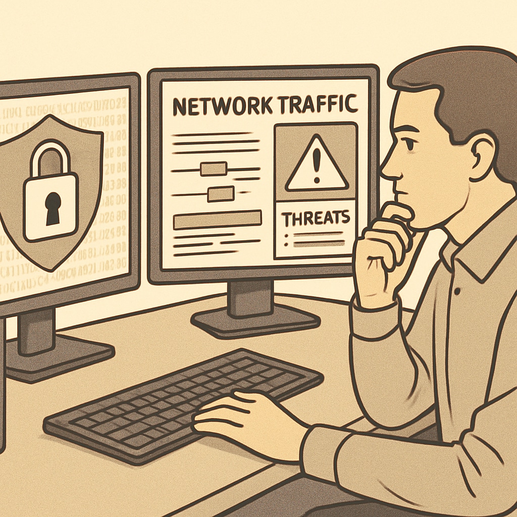 A cybersecurity professional monitoring network traffic on multiple screens, ensuring system security and identifying threats. Cybersecurity professional analyzing network traffic for threats.