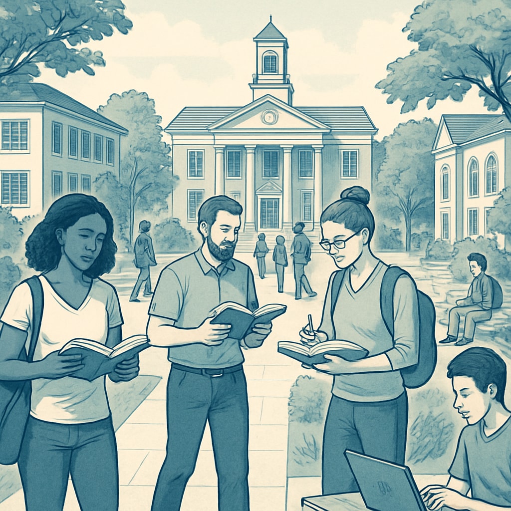 A university campus with students walking and engaging in activities, representing the idea of continuing education at a lower-ranked institution. University campus representing lower-ranked institution option