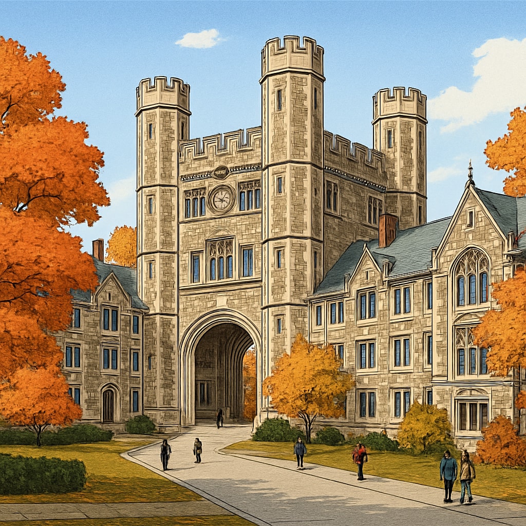 A photograph of the Princeton University campus during fall, showcasing its iconic Gothic architecture and academic atmosphere. Princeton University campus in fall, representing Ivy League prestige