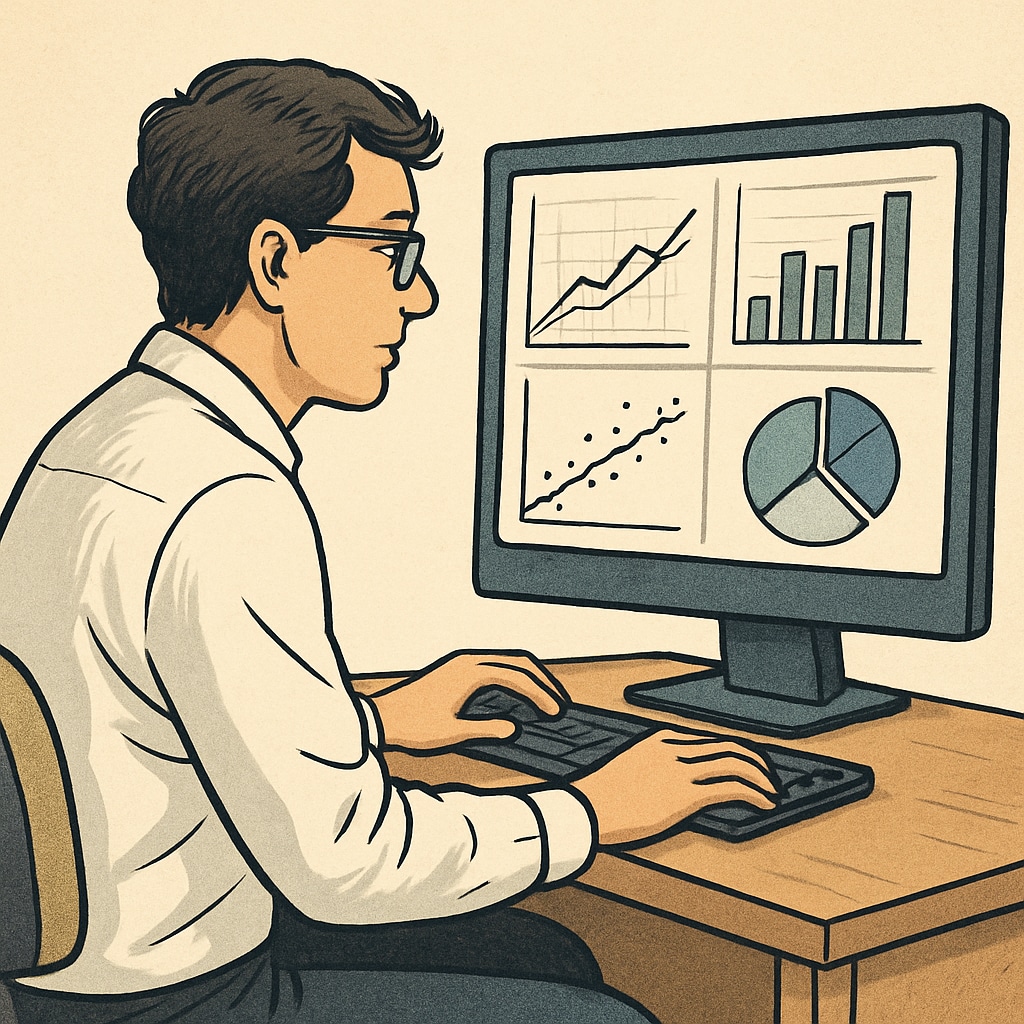 A data scientist reviewing graphs and charts on a computer, using statistical software to uncover patterns and trends. Data scientist analyzing patterns in datasets using software tools.