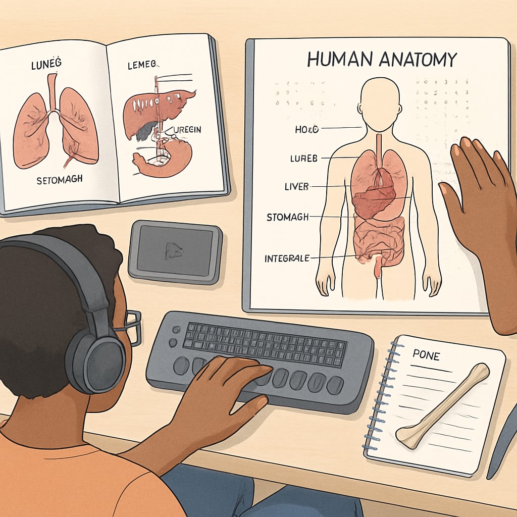 Student using adaptive tools for medical studies, highlighting learning disabilities and the education system.