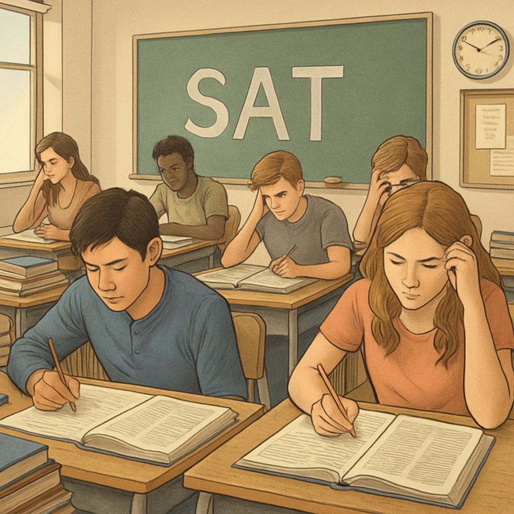 A high school classroom with students engaged in rigorous test preparation, symbolizing the pressures of elite college admissions. High school students preparing for tests, illustrating Ivy League admissions pressure