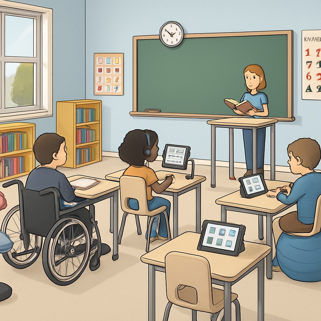 Inclusive classroom setup focusing on accessibility for students with learning disabilities.