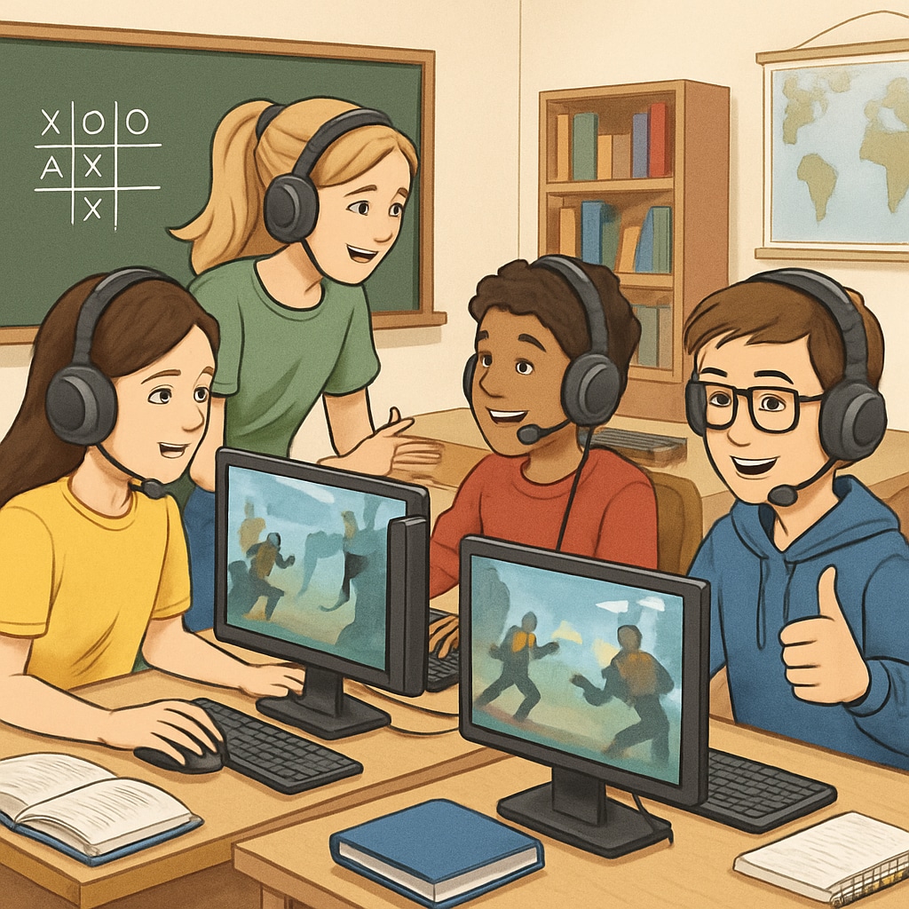 A classroom setting where students are engaging in educational esports activities, demonstrating teamwork and collaboration. Students participating in esports-based educational activities, showcasing collaboration and learning.