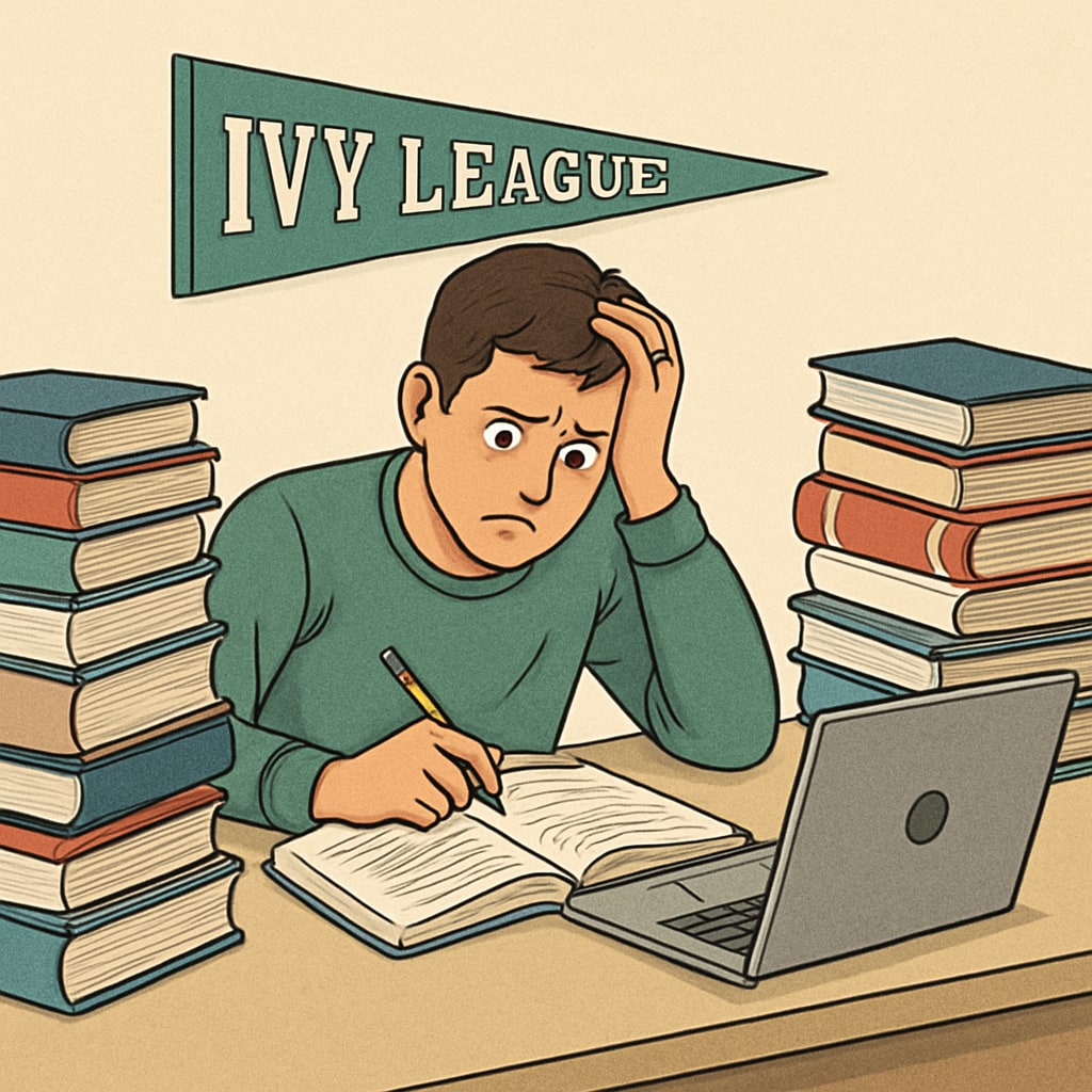 A stressed high school student surrounded by books and a laptop, representing the pressure of Ivy League aspirations. High school student under pressure to meet Ivy League expectations.