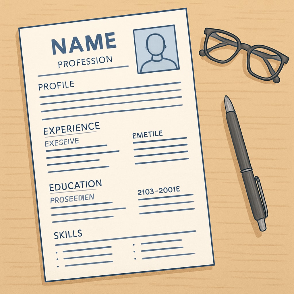 A well-structured resume template displayed on a desk alongside a pen and glasses. Example of a concise and well-formatted Canadian-style resume.