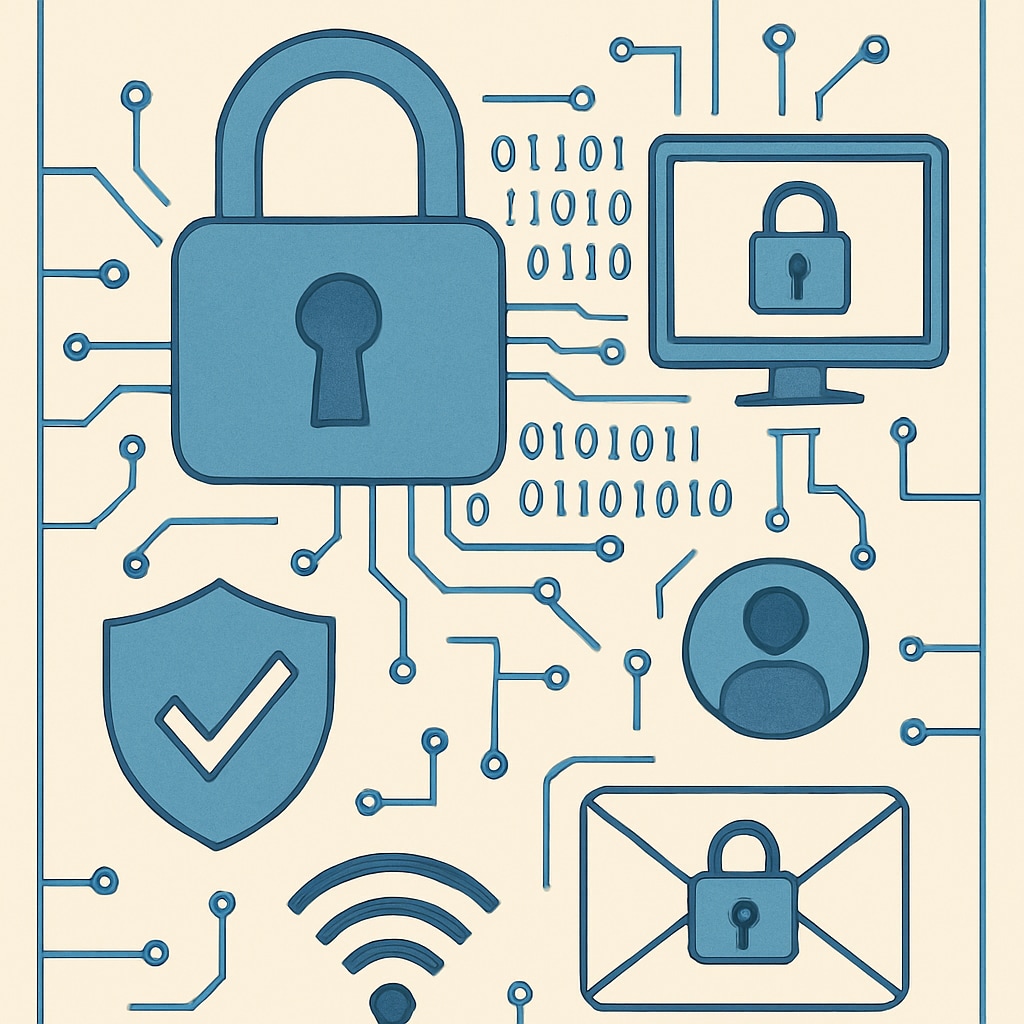 A graphic representation of cybersecurity, including locks, data streams, and icons representing network security. Cybersecurity illustration showing locks and data streams related to