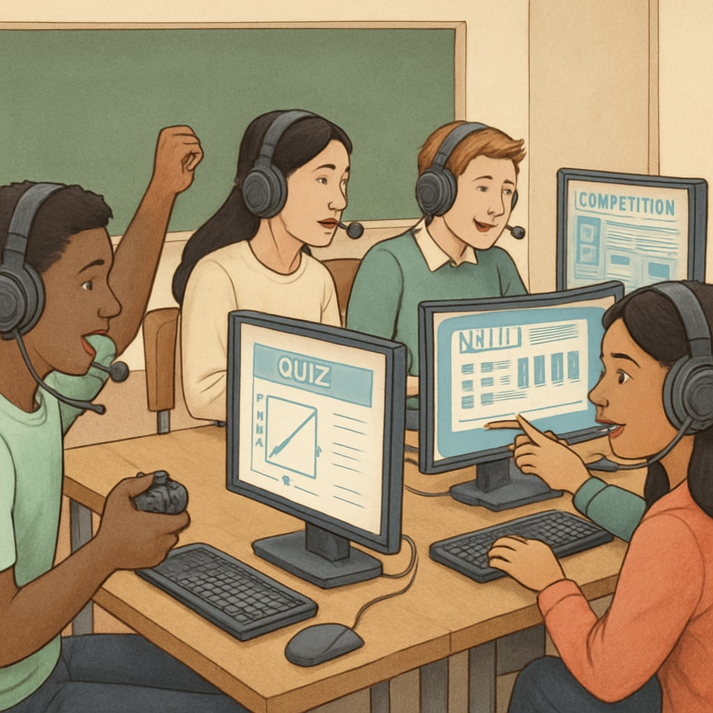A diverse group of students participating in a competitive esports match while engaging with educational content. Students competing in an esports match linked to academic learning objectives.