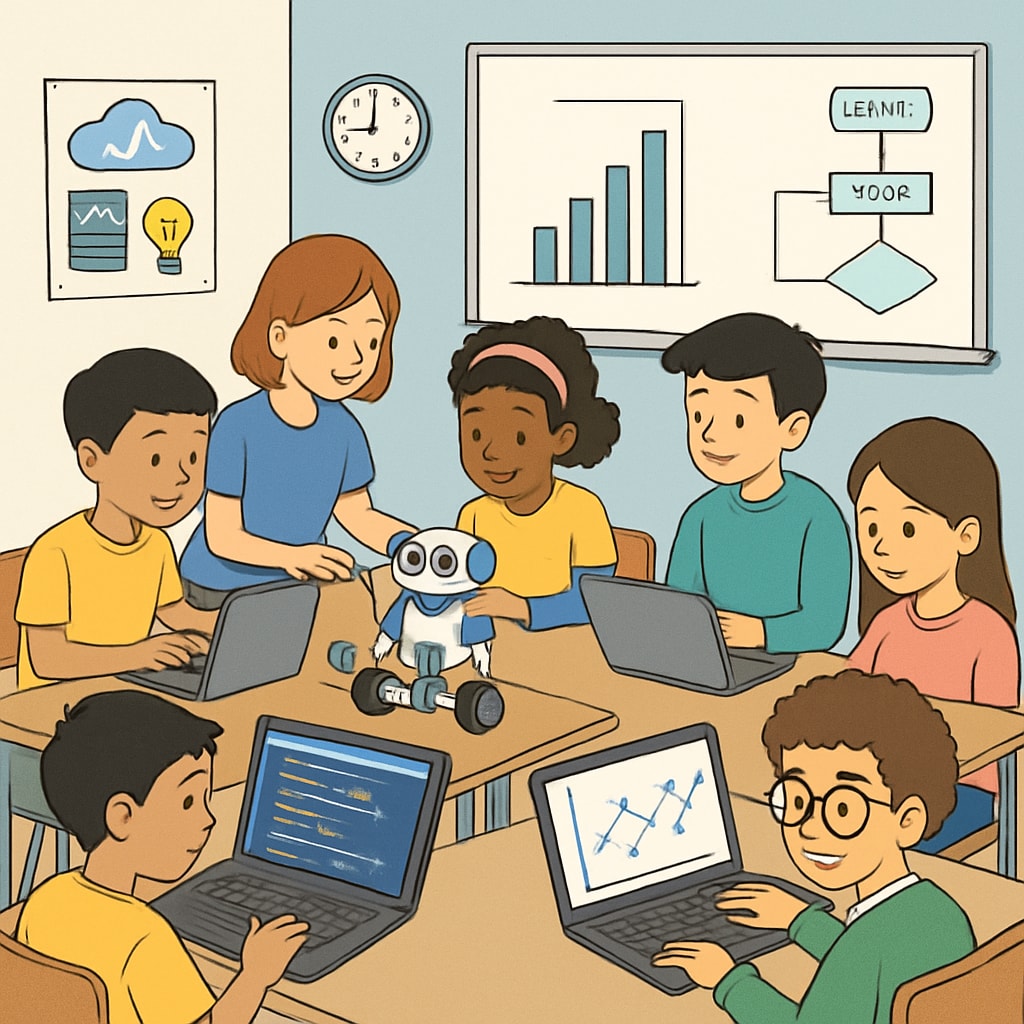 A classroom setting where students are engaged in coding projects, robotics, and data science activities. Classroom image with students working on coding projects related to