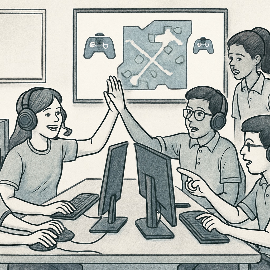 A classroom where students are engaged in esports activities, showcasing collaboration and strategy. Students participating in an esports program, demonstrating teamwork and learning.