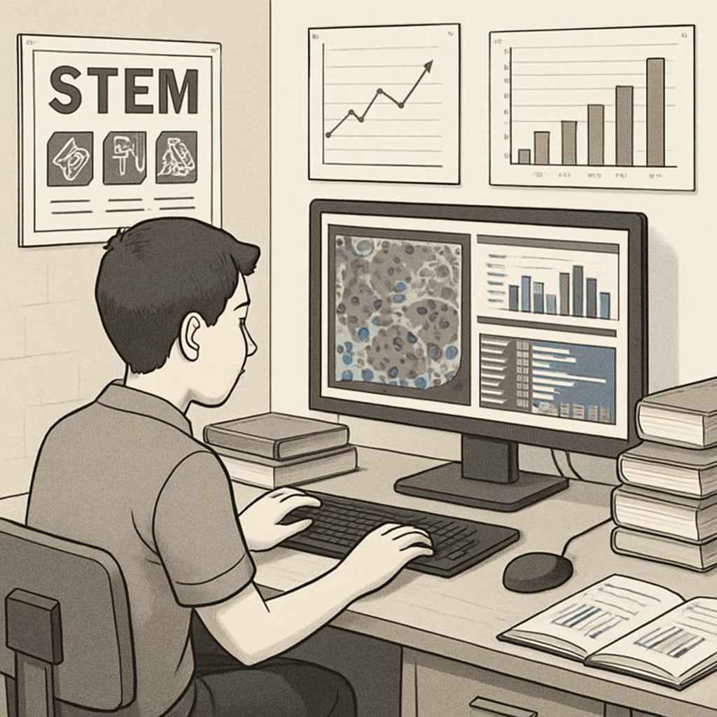 A student analyzing game data on a computer, highlighting the connection between STEM education and esports. A student working on game analytics as part of a STEM-based esports curriculum.