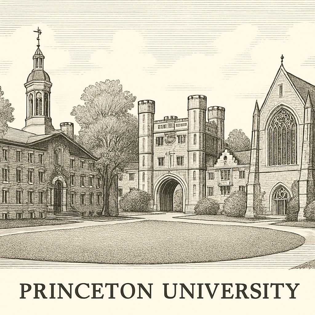 A historical image of Princeton University campus, showcasing its prestigious architecture. Princeton University campus, representing Ivy League prestige.