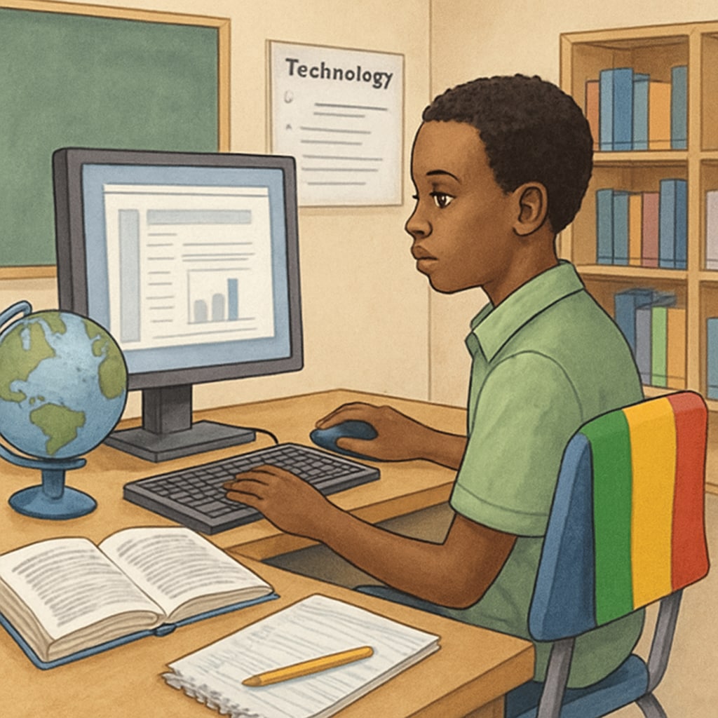 A student from Mali working on a modern computer in a classroom, symbolizing the integration of technology and global readiness. Malian student working on a computer, representing technology integration in education.
