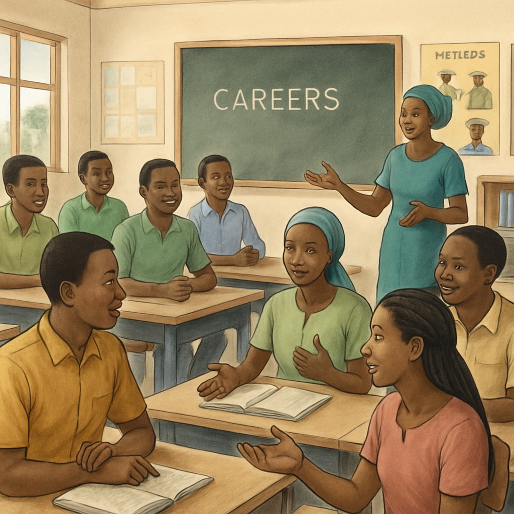 A classroom in Mali where students are engaged in career-focused discussions. Students in a Mali classroom discussing financial careers as part of early career planning.