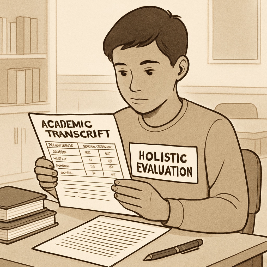 A high school student reviewing their academic transcript, symbolizing the importance of a holistic evaluation in admissions. A student analyzing their transcript for college applications.