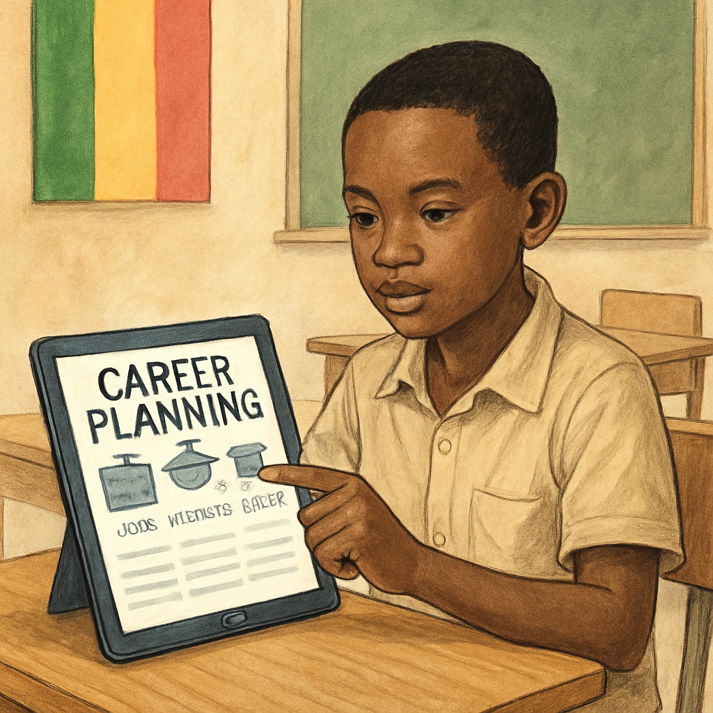 A young student in Mali using a tablet for career planning resources. A student in Mali exploring career options with a tablet as part of K12 career planning.