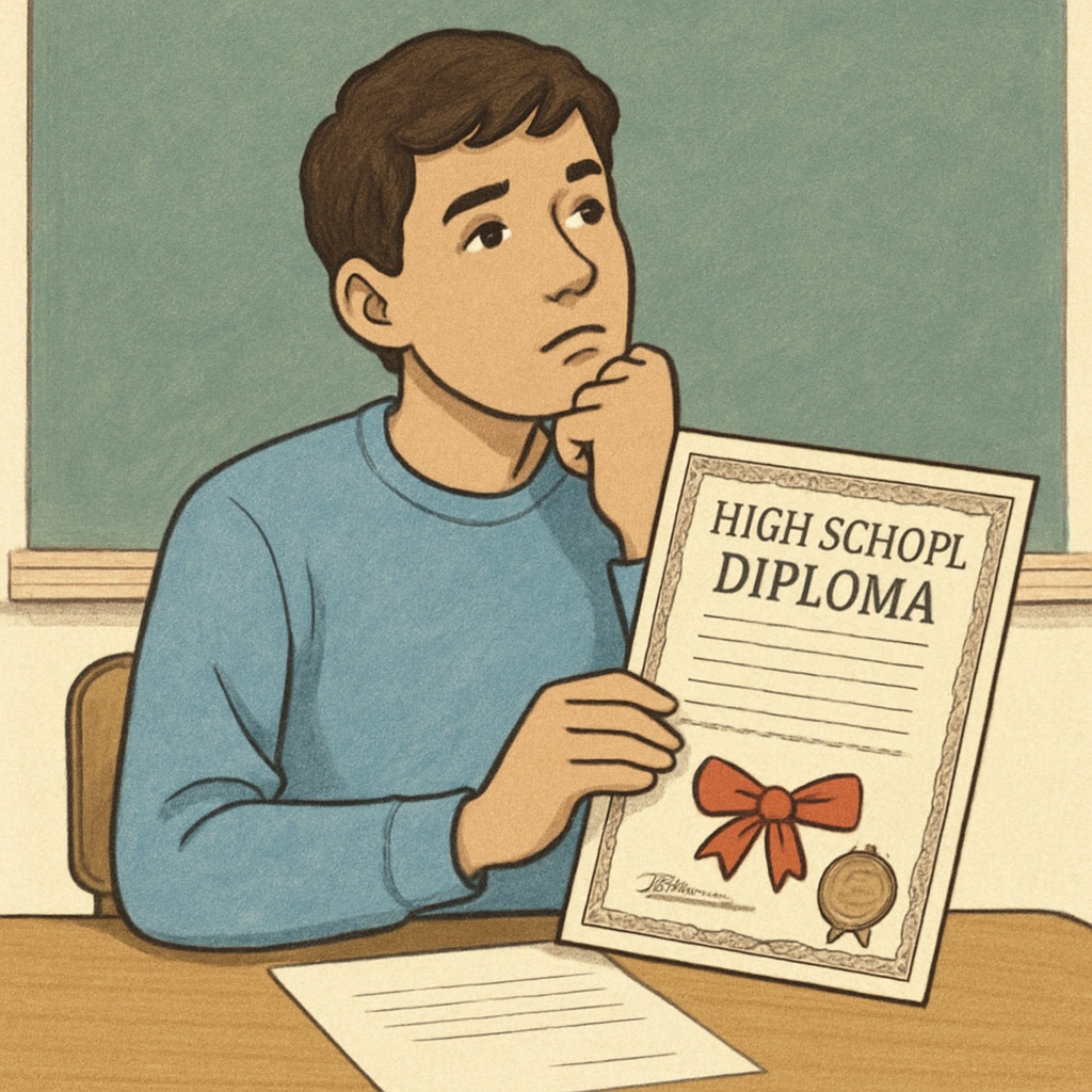 A student holding a modified high school diploma, looking contemplative about their future. Modified high school diploma regrets and future planning