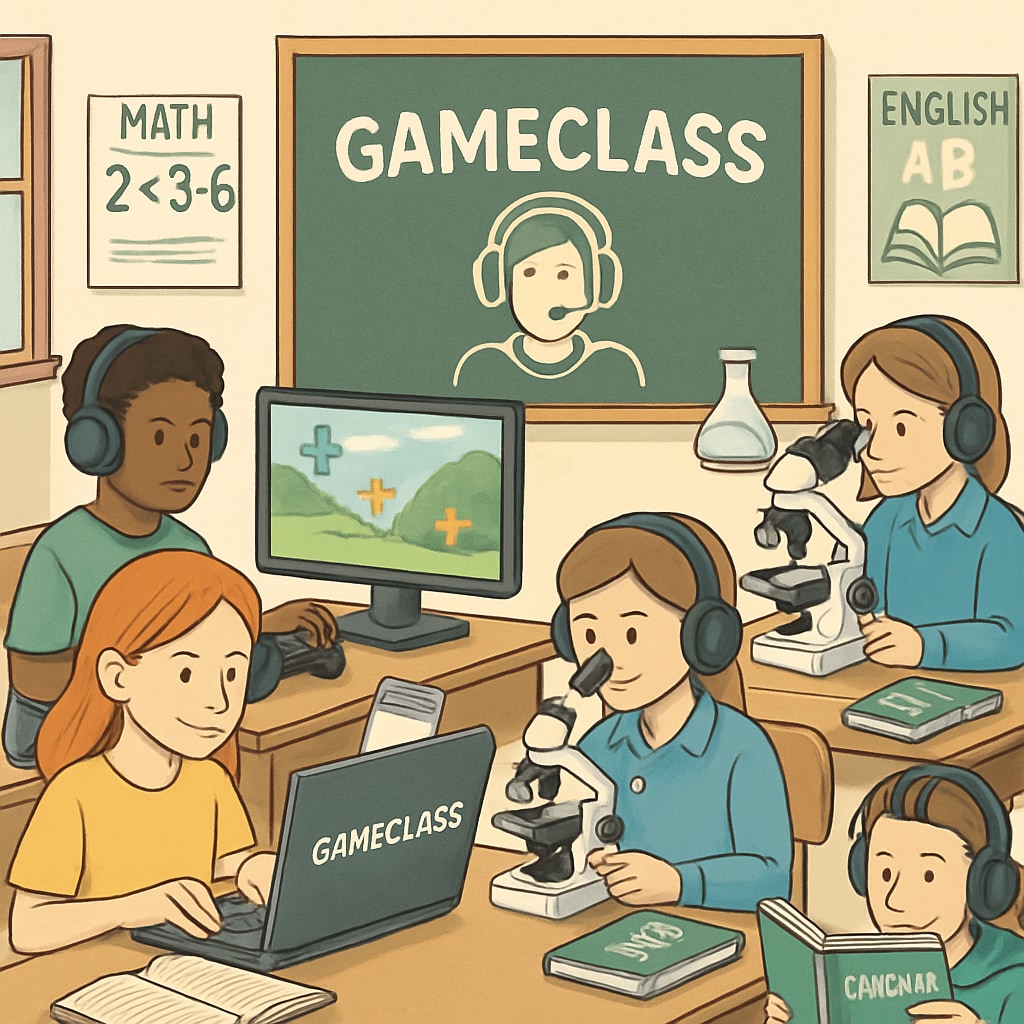 A classroom setting where students are learning core subjects through esports-related activities, featuring GameClass-branded educational tools. Gamified learning in esports clubs using GameClass tools.