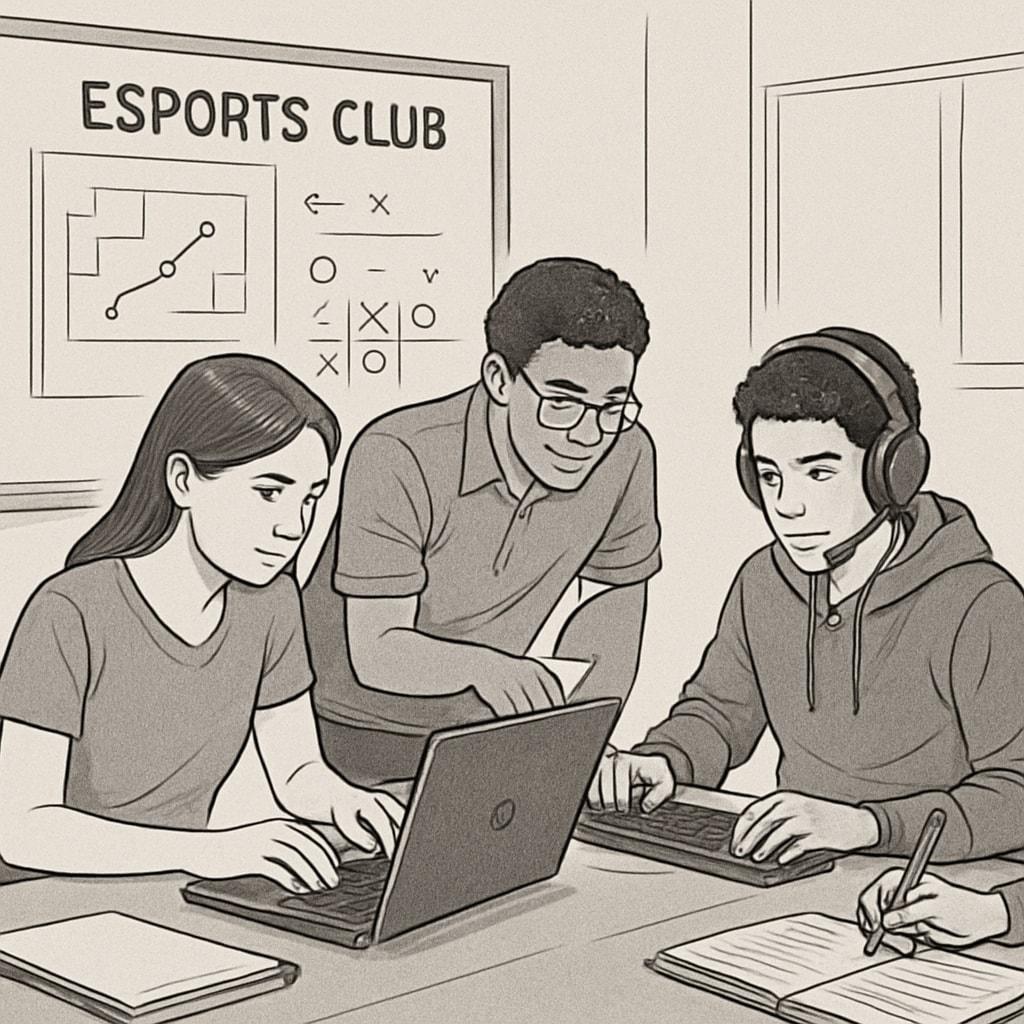Students in an esports club collaborating on a project that combines gaming strategies with academic problem-solving, emphasizing teamwork and skill-building. Esports club students solving problems through gamified learning.