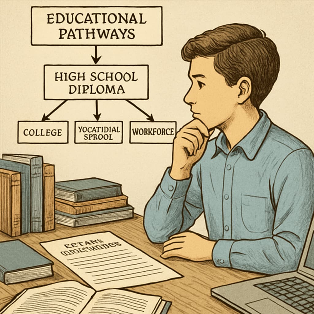 A student sitting at a desk, reviewing educational pathways and high school diploma requirements. A student reviewing educational options related to high school diplomas, including modified and standard diplomas.