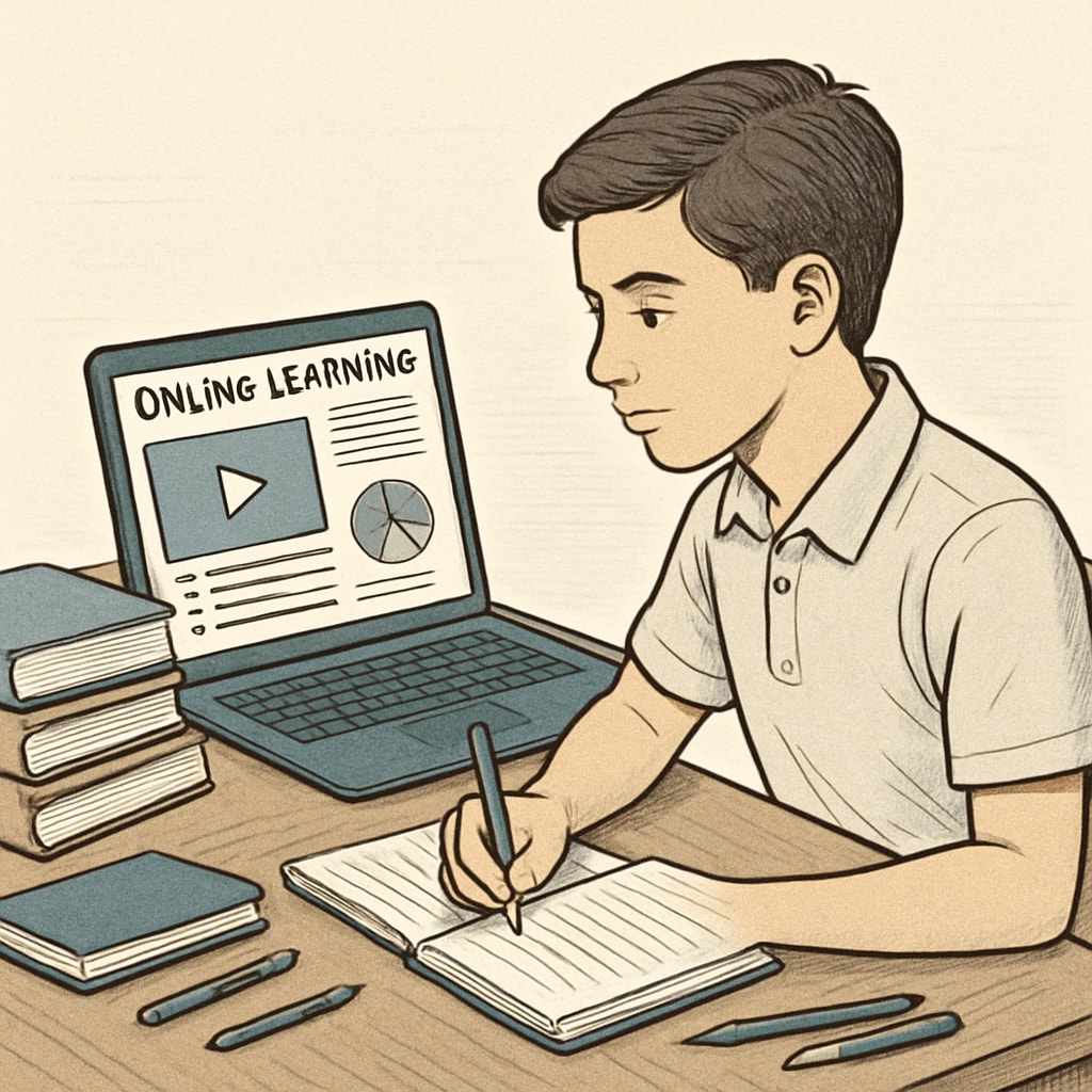 A high school student studying on a laptop, exploring an online learning platform. High school student using an online platform for external learning resources.