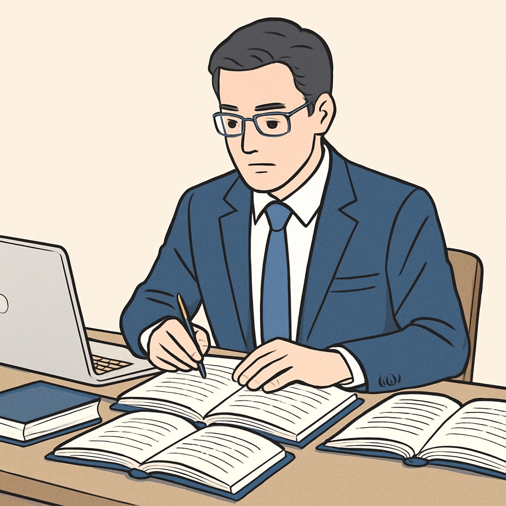 A professional in their 30s studying at a desk with a laptop and books. A professional juggling work and a master’s degree with study materials on a desk.