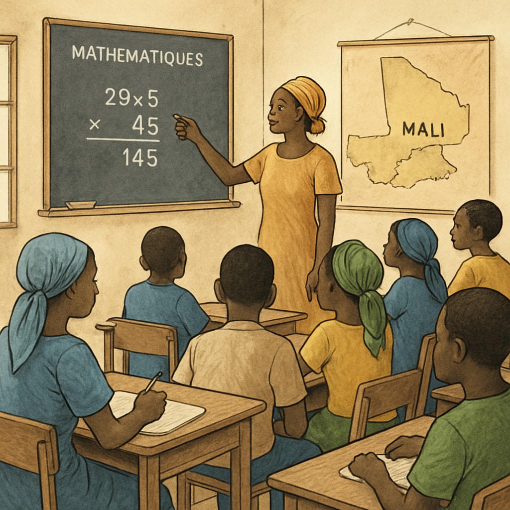 A classroom in Mali with students learning mathematics, representing the challenges and aspirations of K12 education. Students in a Mali classroom learning mathematics, illustrating K12 education challenges.