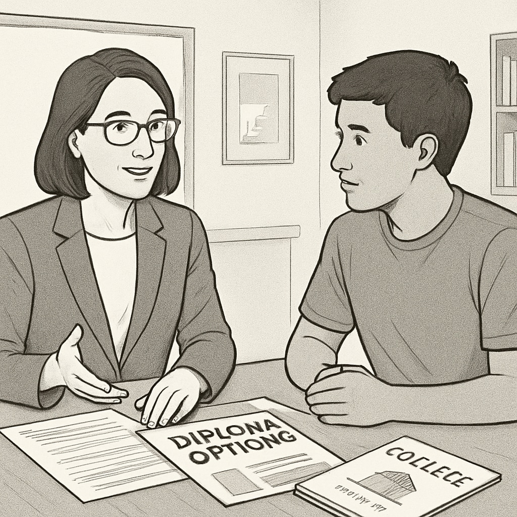 A counselor and a student discussing diploma options, with educational brochures on the table. A counselor helping a student understand the implications of choosing between modified and standard diplomas.