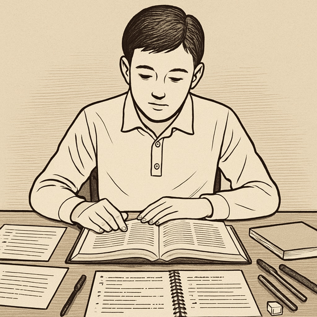 A student reading an open textbook at their desk, surrounded by notes and study materials. Student studying with open educational resources at their desk.
