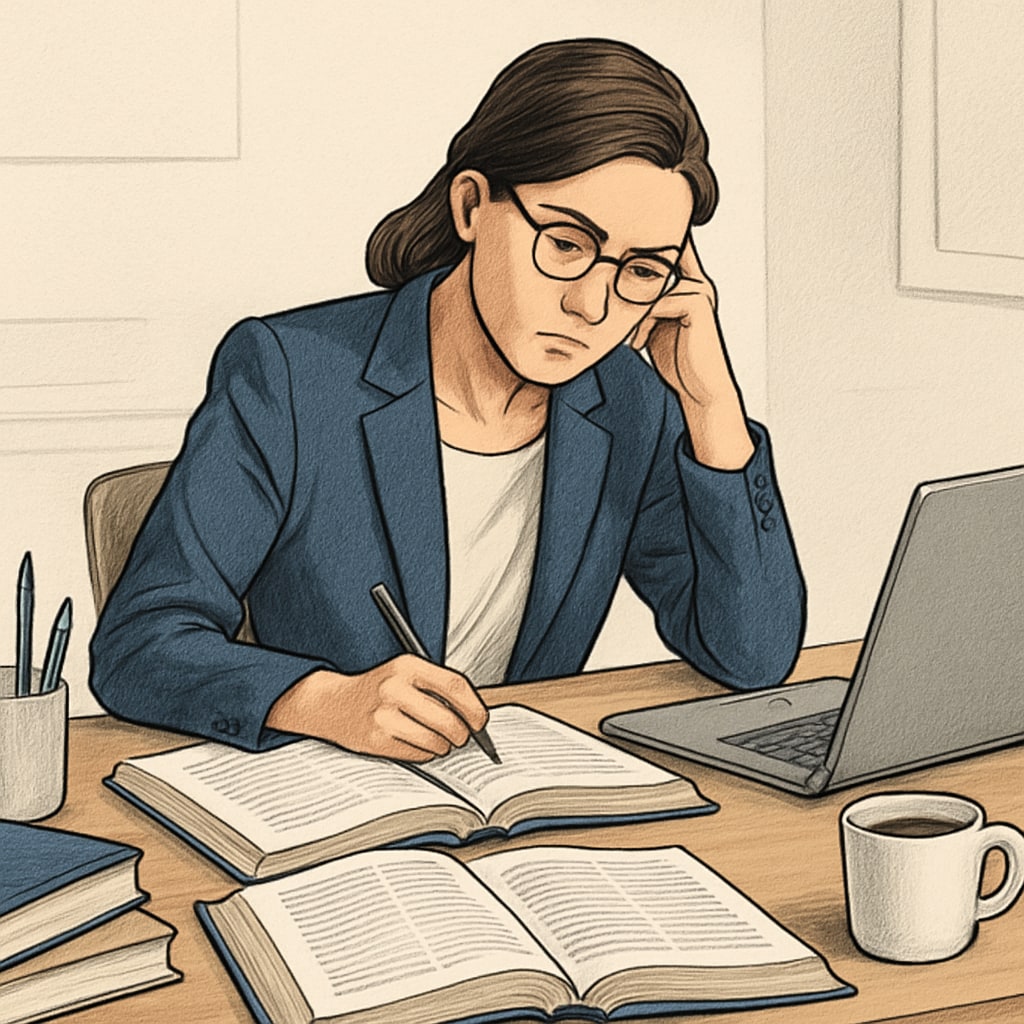 A professional woman studying at her desk with books and a laptop, reflecting the balance between work and education. Woman balancing work and study for a master's degree