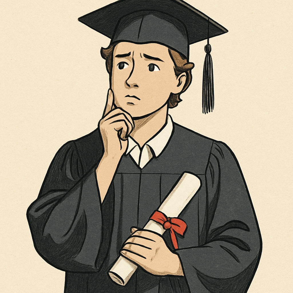 A young graduate holding their diploma while looking uncertain about their future. Graduate holding diploma and contemplating future opportunities.