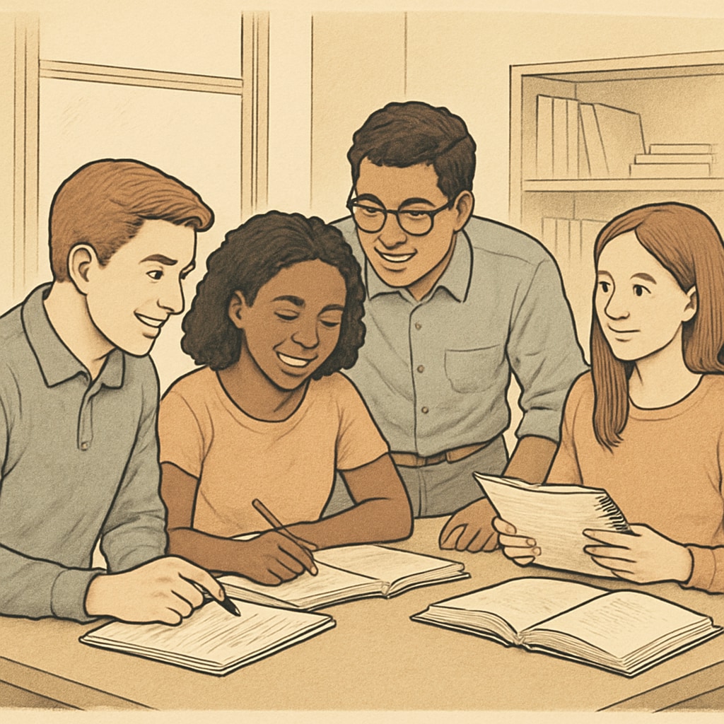 A group of diverse students working together in a study room, sharing notes and discussing ideas. Students collaborating in a study group, discussing coursework and sharing resources.