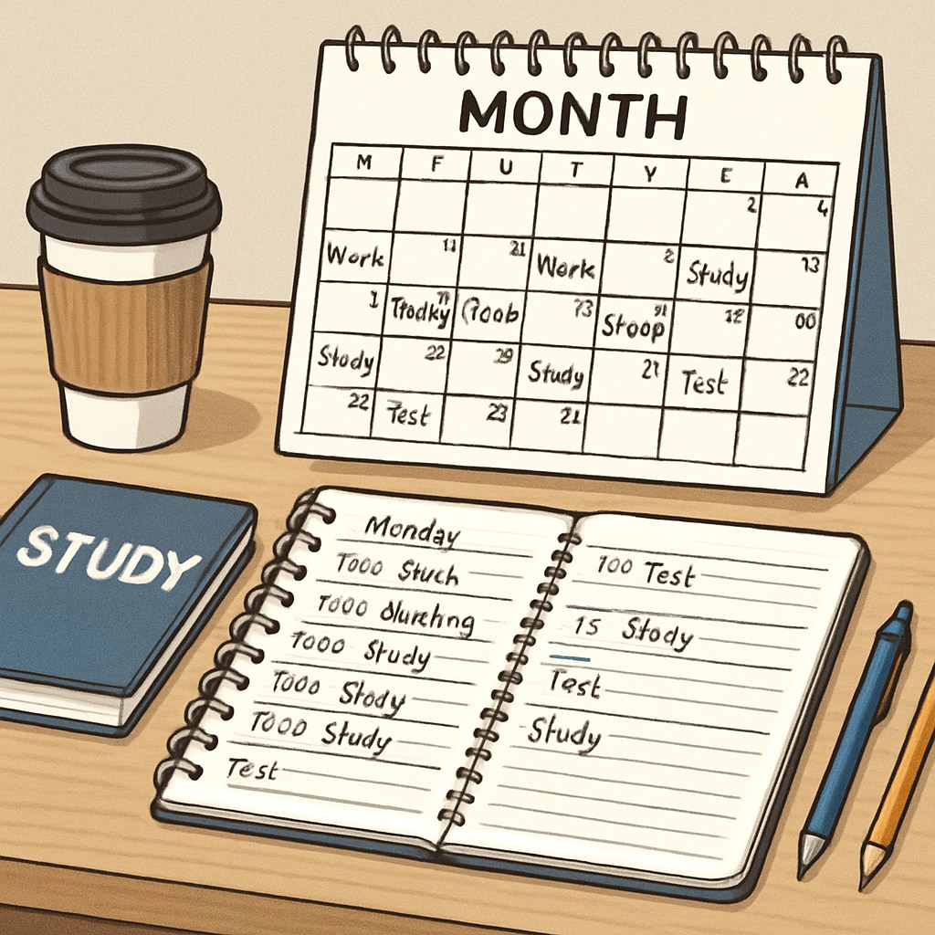 A calendar and planner on a desk with handwritten notes about work and study schedules, symbolizing time management. Calendar and planner showing time management for work and study