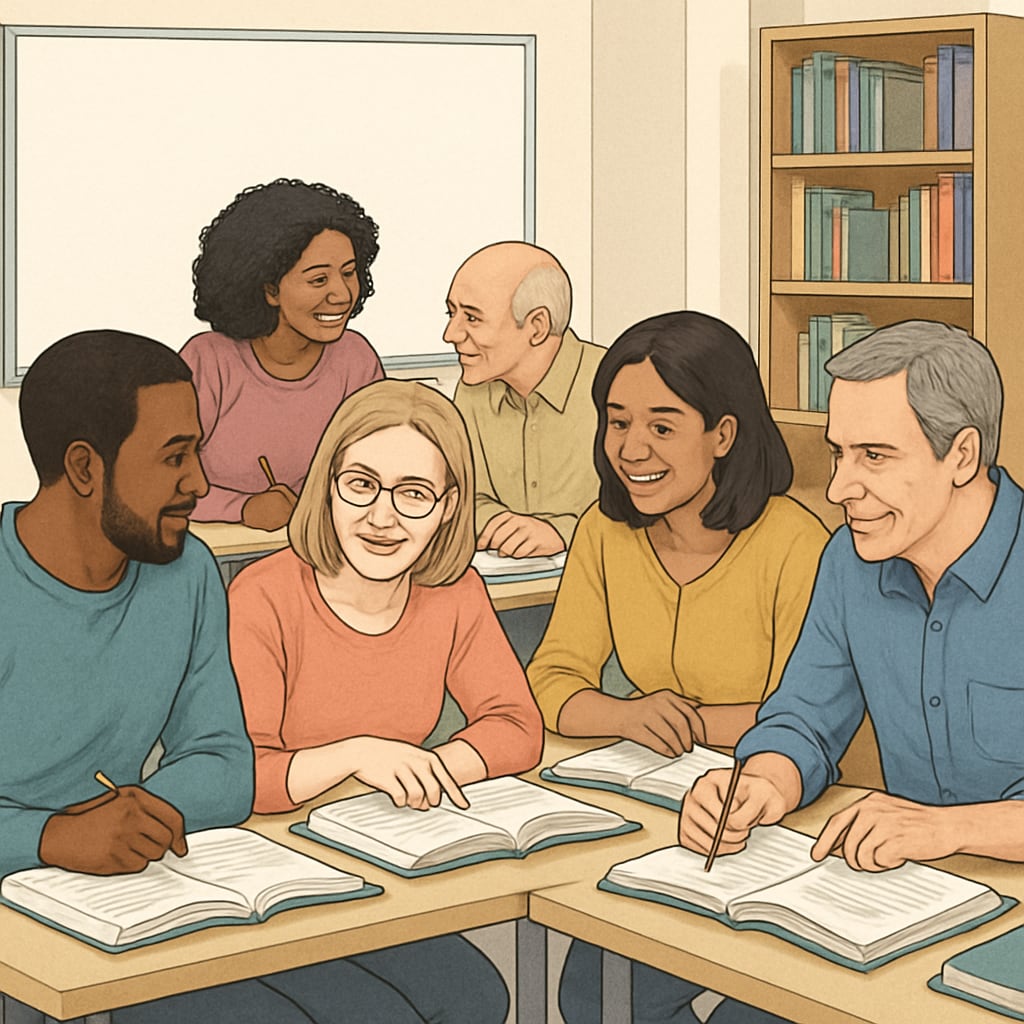 A diverse group of adults studying together in a community college classroom. Adults in a classroom setting, exploring new education paths.