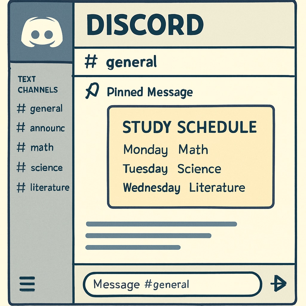 A screenshot of a well-organized Discord server for education, with labeled channels for different subjects and a study schedule pinned to the chat. An educational Discord server with channels for subjects and a shared study schedule.