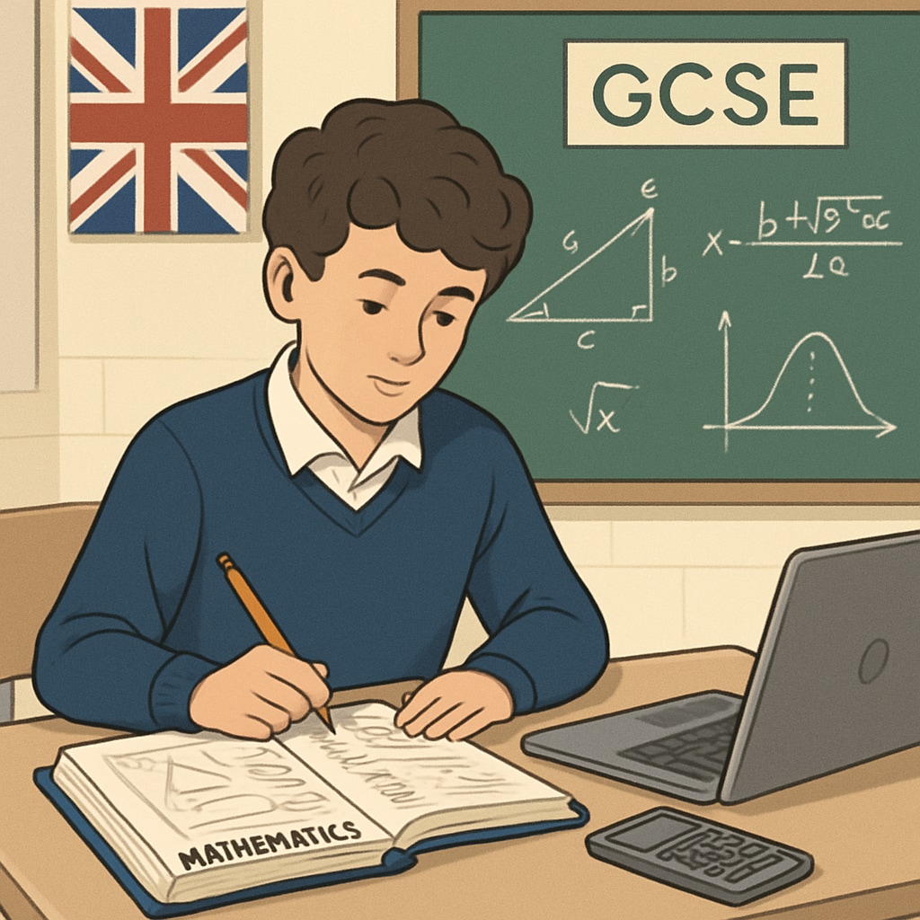A UK student studying mathematics with a textbook and laptop, preparing for GCSE exams. A student in the UK revisiting mathematics to restart their academic journey.