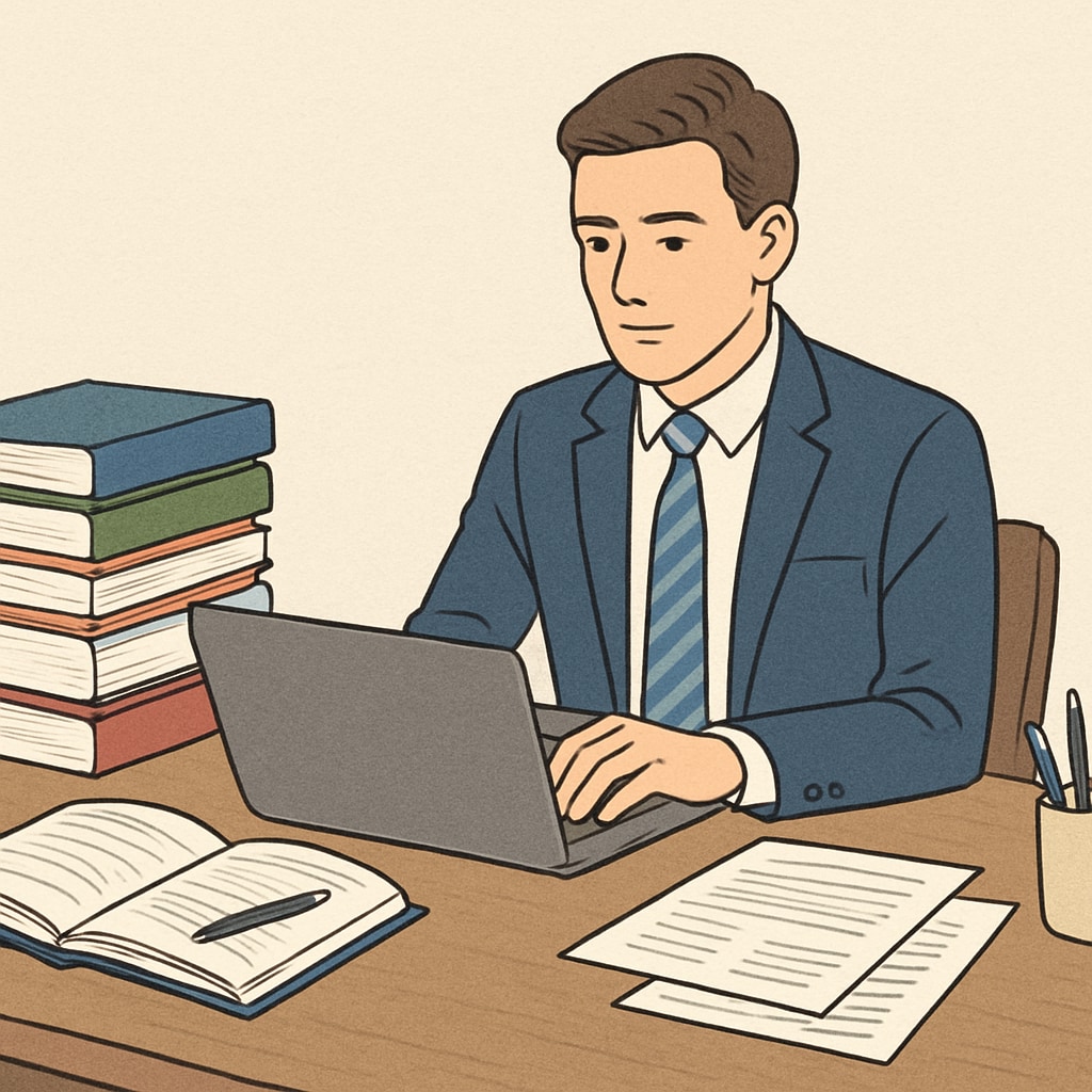 Professional balancing work and study with a laptop and textbooks.