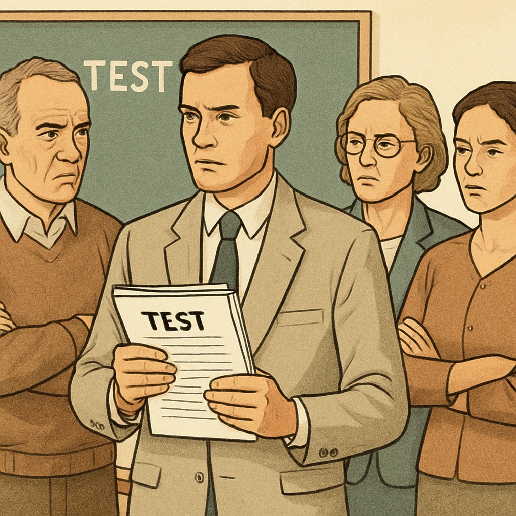 A group of teachers in a classroom setting, with one teacher holding test papers, symbolizing the political screening process. Teachers in a classroom with a focus on a political screening test.
