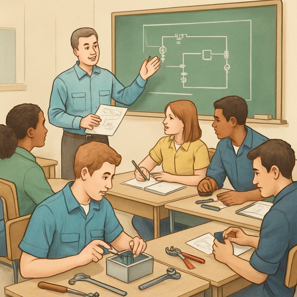 A classroom environment with young adults attending a vocational training session. Young adults in a classroom, learning vocational skills to re-enter the education system.