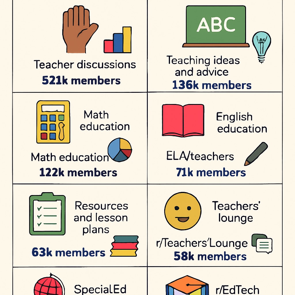 An infographic highlighting the most active K12 education subreddits on Reddit, illustrating their purposes and member counts. Infographic showing top K12 education subreddits and their focus areas.