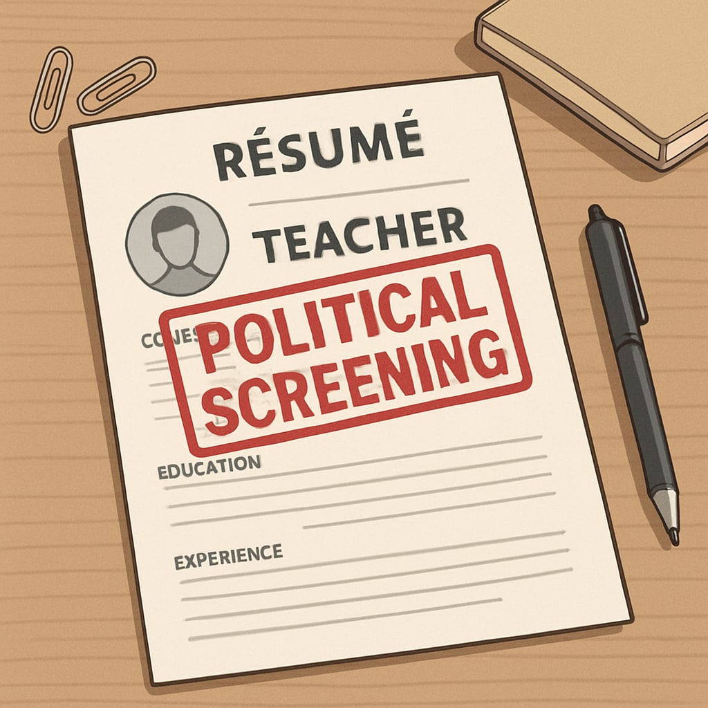 A conceptual image of a teacher's résumé with a stamp labeled Teacher résumé with a
