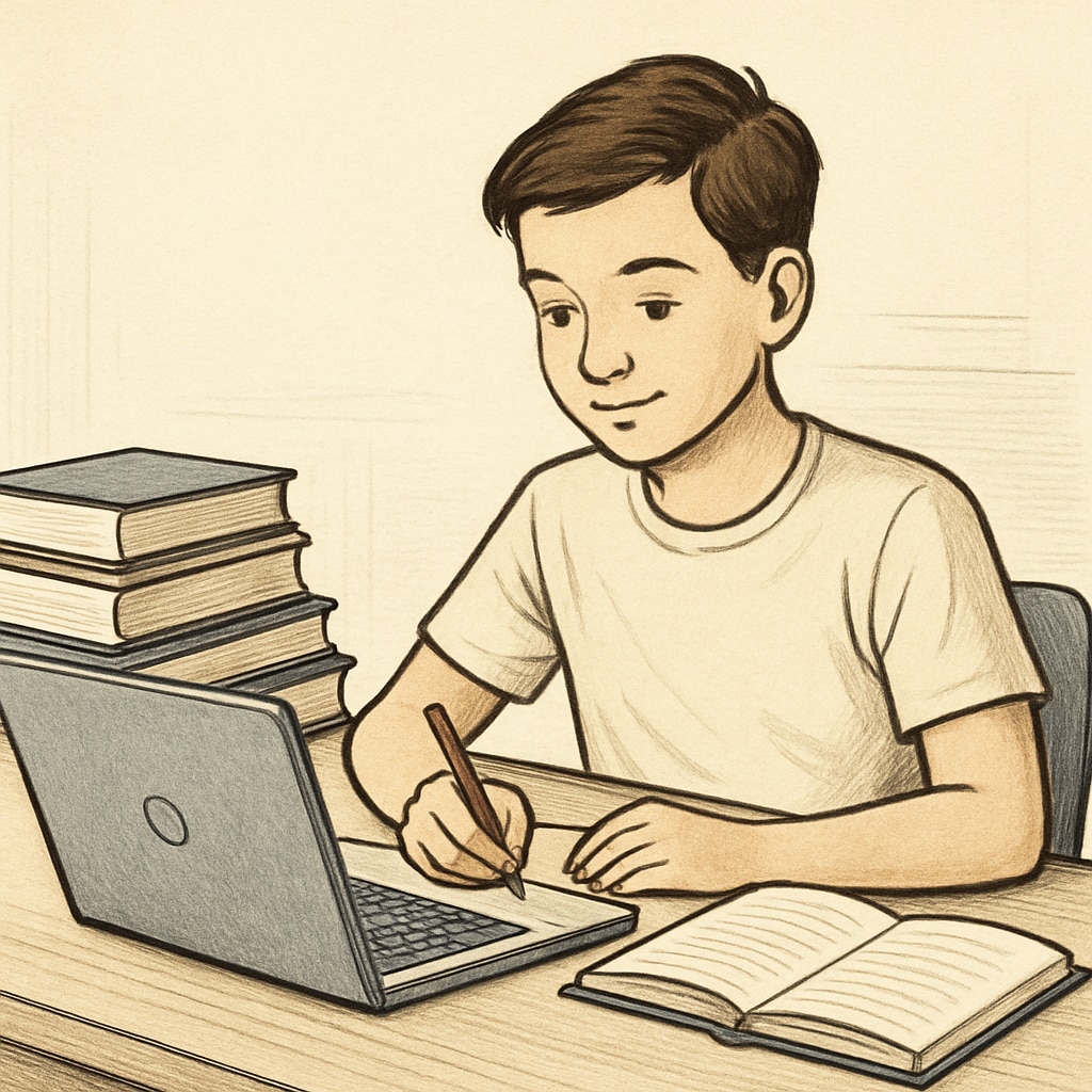 A young student sitting at a desk with books and a laptop, symbolizing a fresh start in education. UK education restart for young learners.