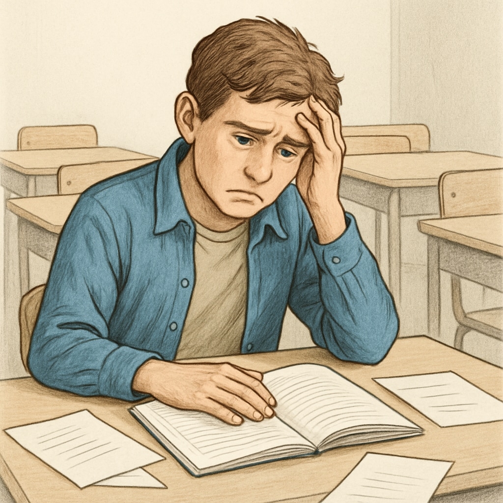 A concerned student sitting in a classroom looking distressed, representing the emotional impact of false plagiarism accusations. A student looking distressed in a classroom, symbolizing the emotional toll of false plagiarism claims.