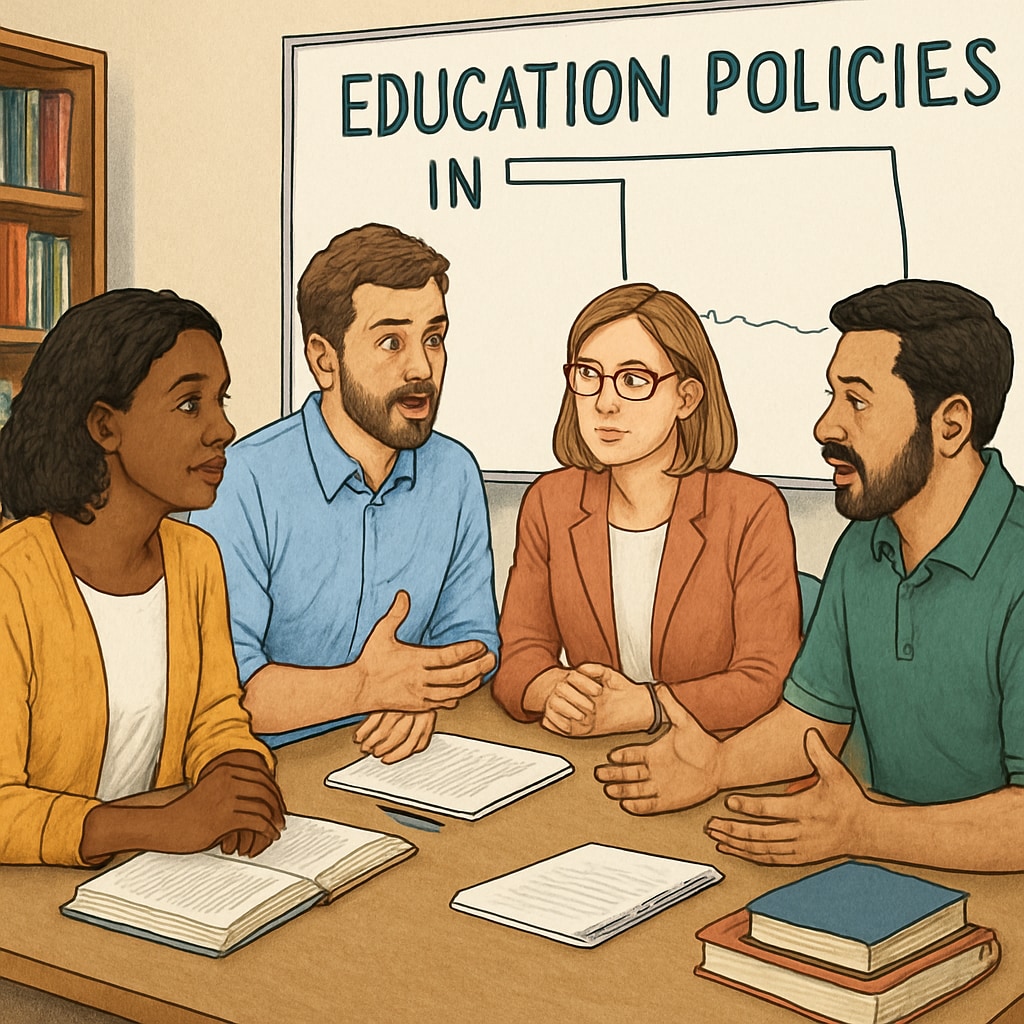 A classroom with diverse teachers discussing education policies in Oklahoma. Teachers discussing education neutrality and political ideology tests in Oklahoma.